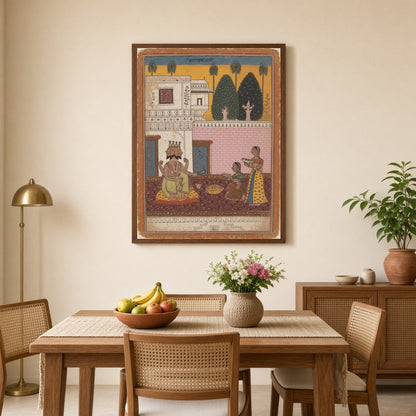 This captivating artwork showcases Lord Shiva in a regal pose, adorned with vibrant hues, as for Dining