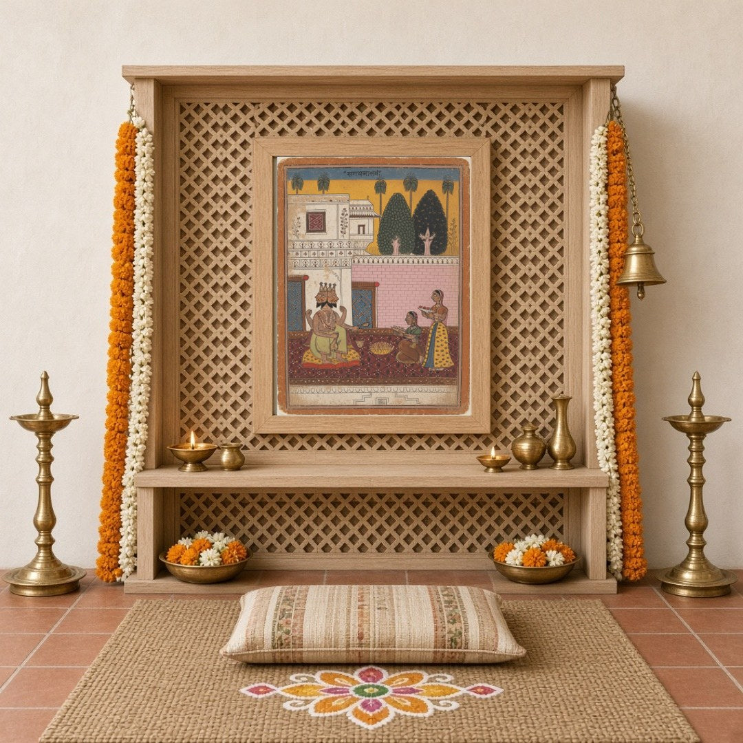 This captivating artwork showcases Lord Shiva in a regal pose, adorned with vibrant hues, as for Home Temple