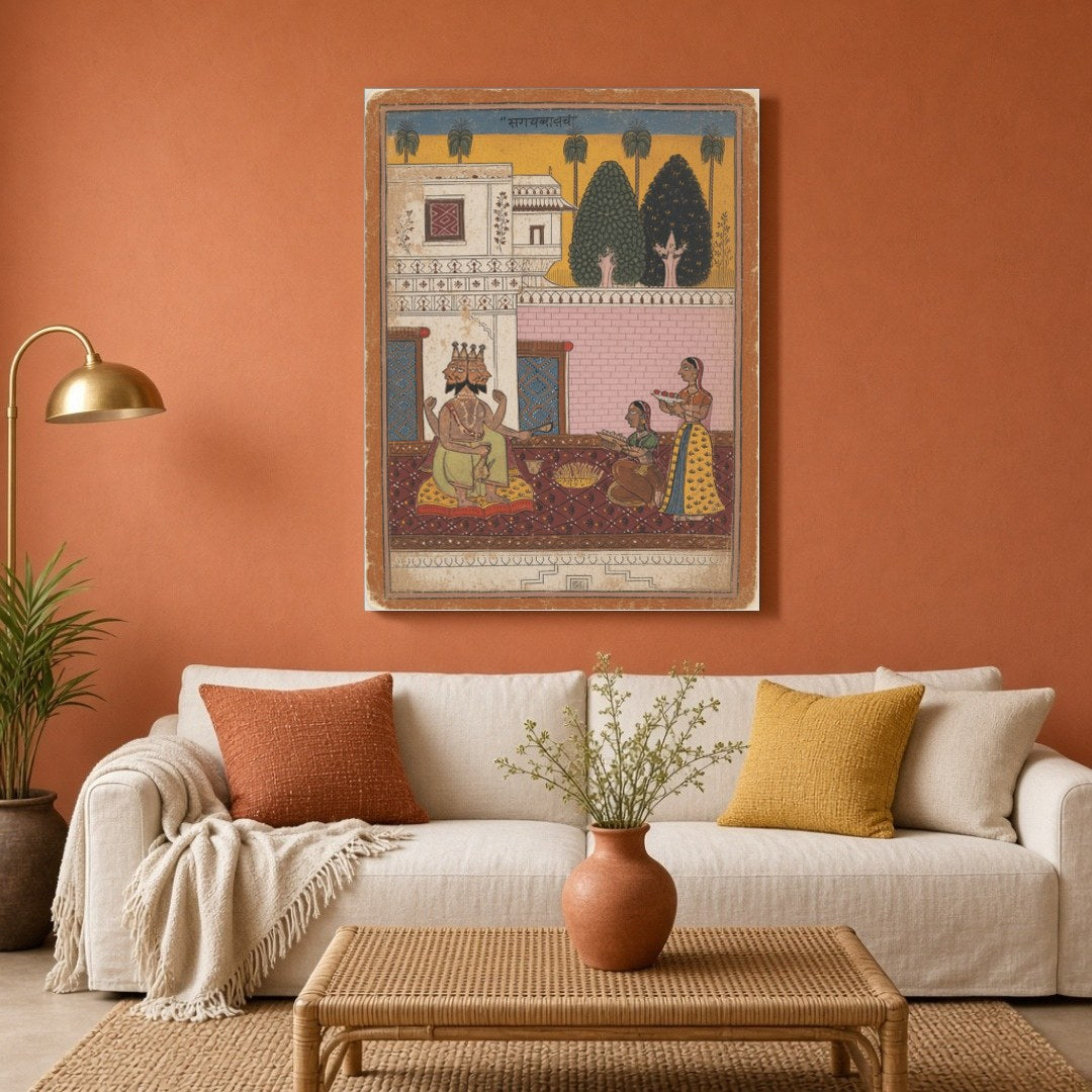 This captivating artwork showcases Lord Shiva in a regal pose, adorned with vibrant hues, as for Living Room