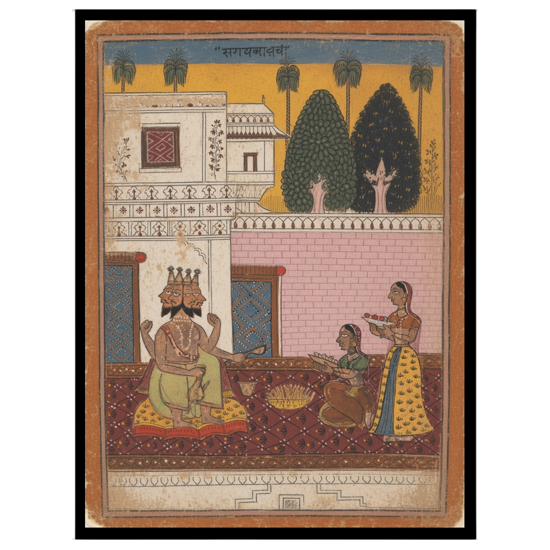 This captivating artwork showcases Lord Shiva in a regal pose, adorned with vibrant hues, as for sanctuary