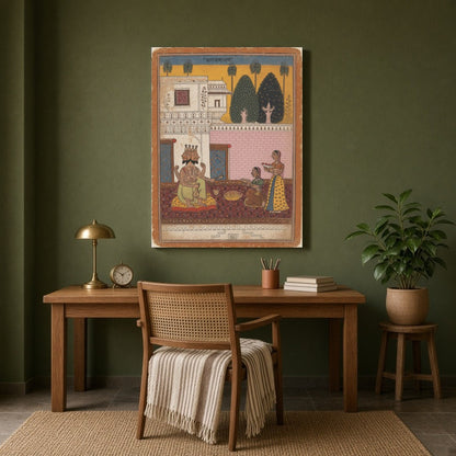 This captivating artwork showcases Lord Shiva in a regal pose, adorned with vibrant hues, as for Study