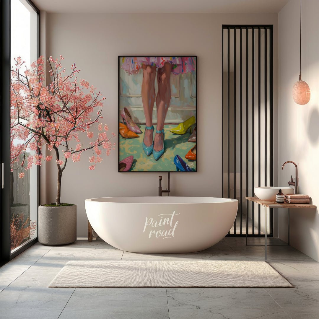 This beautiful painting playfully captures a moment of indecision amidst a colorful collection of f… for bathroom