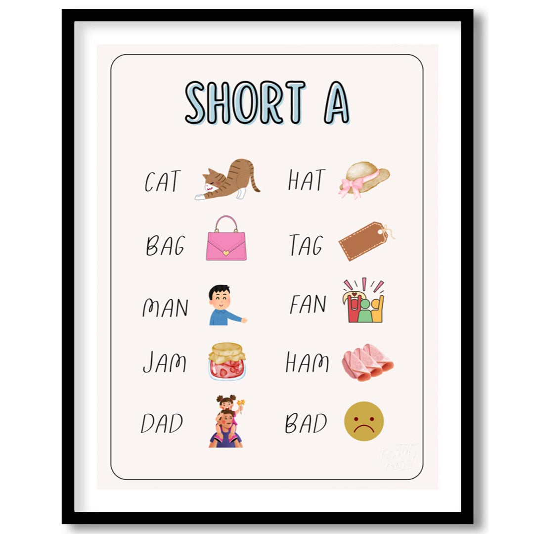 This bright and clear educational poster, titled "SHORT A," is designed to help young learners iden… for home