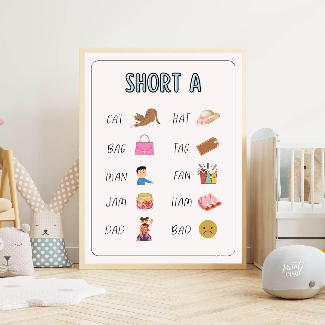 This bright and clear educational poster, titled "SHORT A," is designed to help young learners iden… for nursery