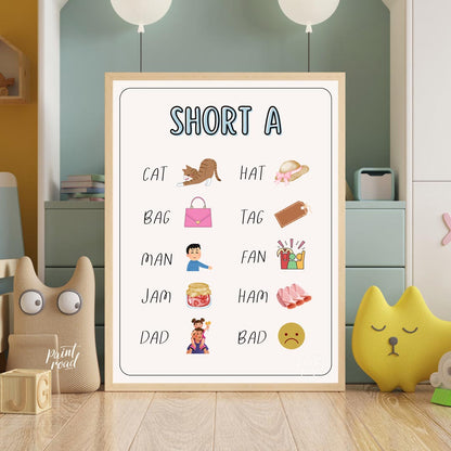 This bright and clear educational poster, titled "SHORT A," is designed to help young learners iden… for nursery
