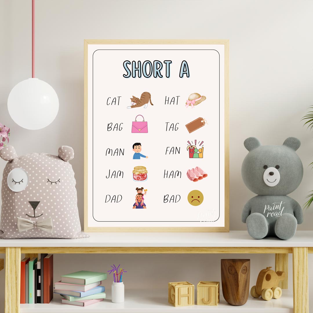 This bright and clear educational poster, titled "SHORT A," is designed to help young learners iden… for nursery