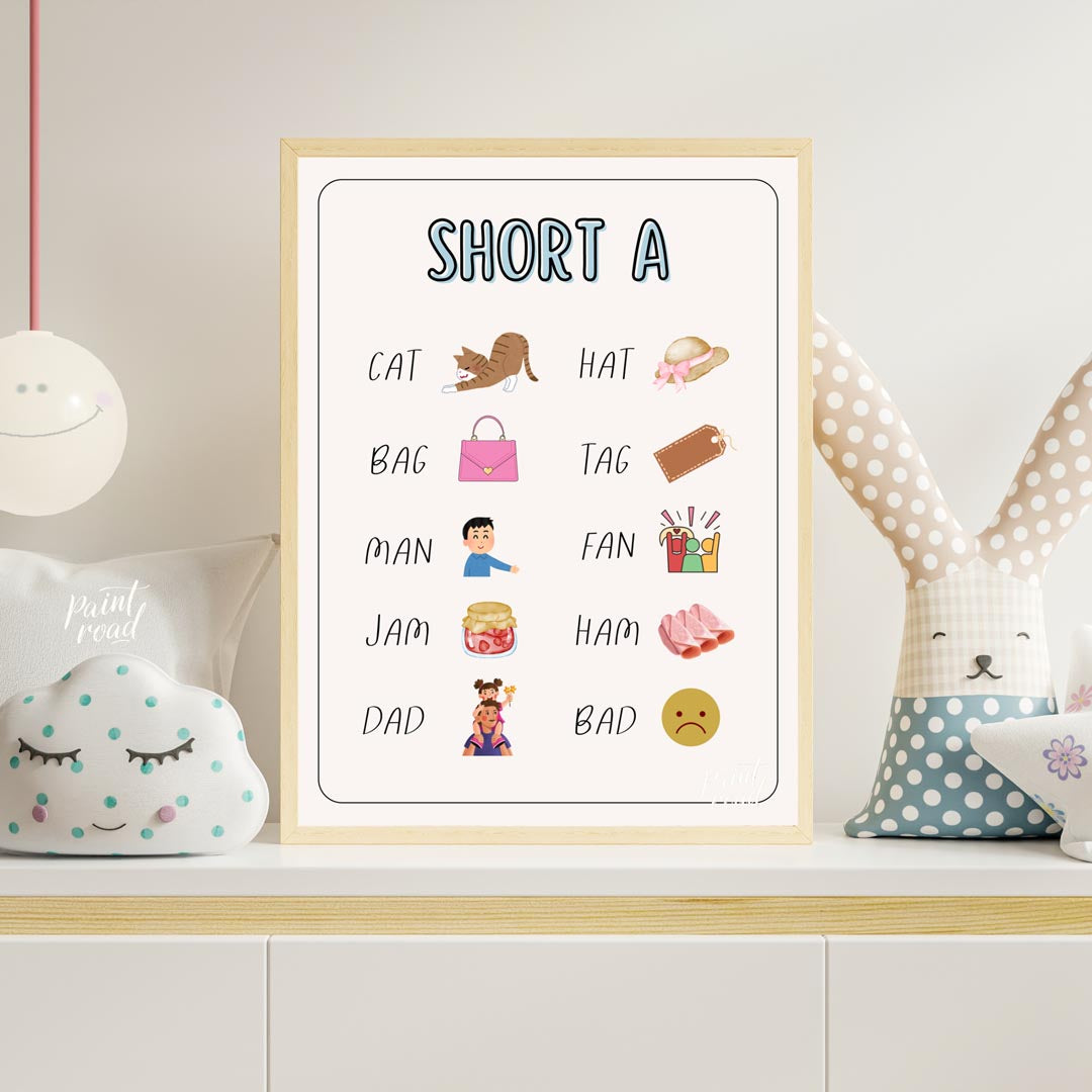 This bright and clear educational poster, titled "SHORT A," is designed to help young learners iden… for nursery