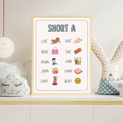 This bright and clear educational poster, titled "SHORT A," is designed to help young learners iden… for nursery