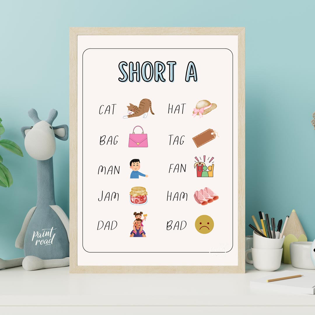 This bright and clear educational poster, titled "SHORT A," is designed to help young learners iden… for nursery