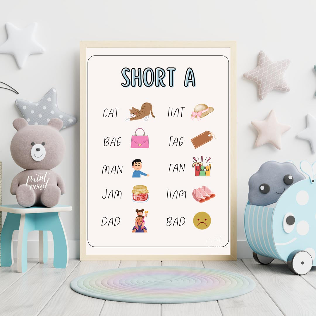 This bright and clear educational poster, titled "SHORT A," is designed to help young learners iden… for nursery