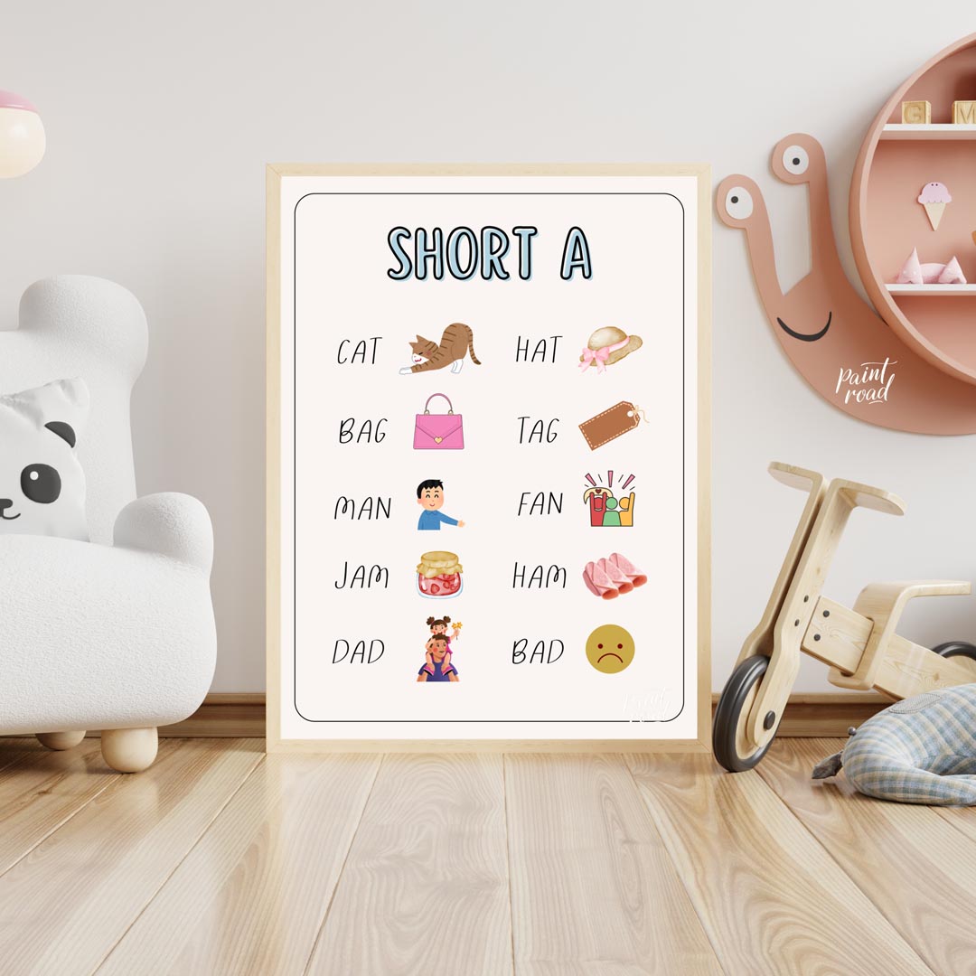 This bright and clear educational poster, titled "SHORT A," is designed to help young learners iden… for nursery
