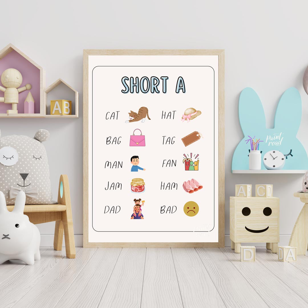 This bright and clear educational poster, titled "SHORT A," is designed to help young learners iden… for nursery