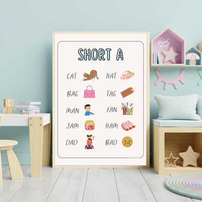 This bright and clear educational poster, titled "SHORT A," is designed to help young learners iden… for nursery