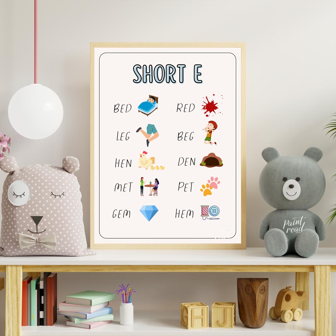 This straightforward and effective educational poster, titled "SHORT E," focuses on teaching words … for nursery