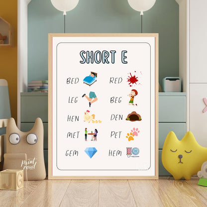 This straightforward and effective educational poster, titled "SHORT E," focuses on teaching words … for nursery