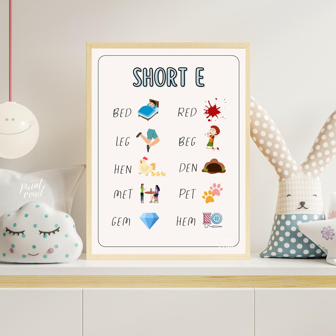 This straightforward and effective educational poster, titled "SHORT E," focuses on teaching words … for nursery