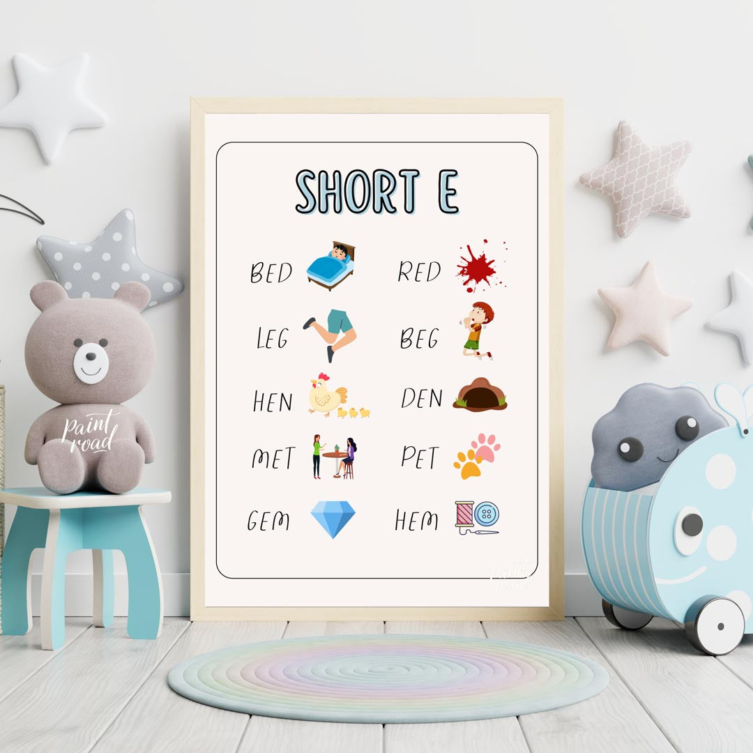 This straightforward and effective educational poster, titled "SHORT E," focuses on teaching words … for nursery