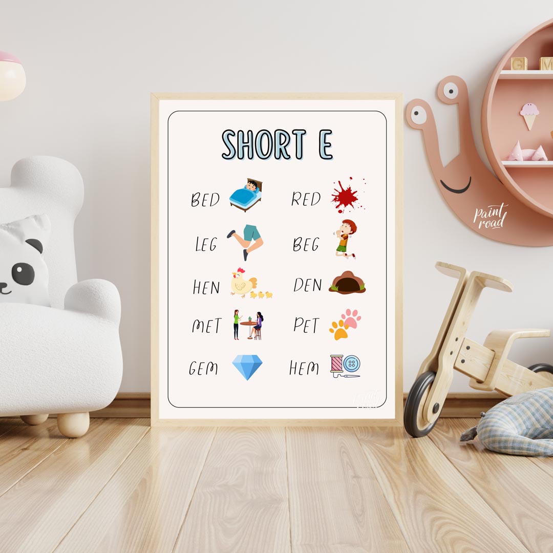 This straightforward and effective educational poster, titled "SHORT E," focuses on teaching words … for nursery