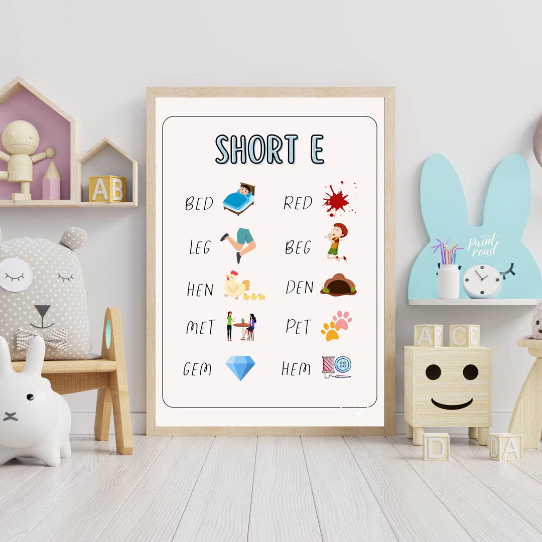 This straightforward and effective educational poster, titled "SHORT E," focuses on teaching words … for nursery