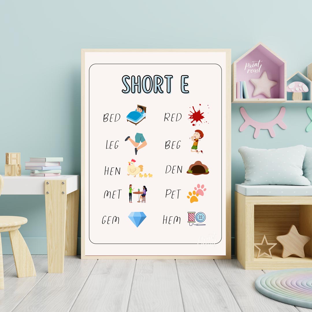 This straightforward and effective educational poster, titled "SHORT E," focuses on teaching words … for nursery