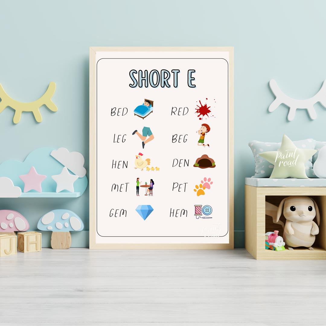 This straightforward and effective educational poster, titled "SHORT E," focuses on teaching words … for nursery