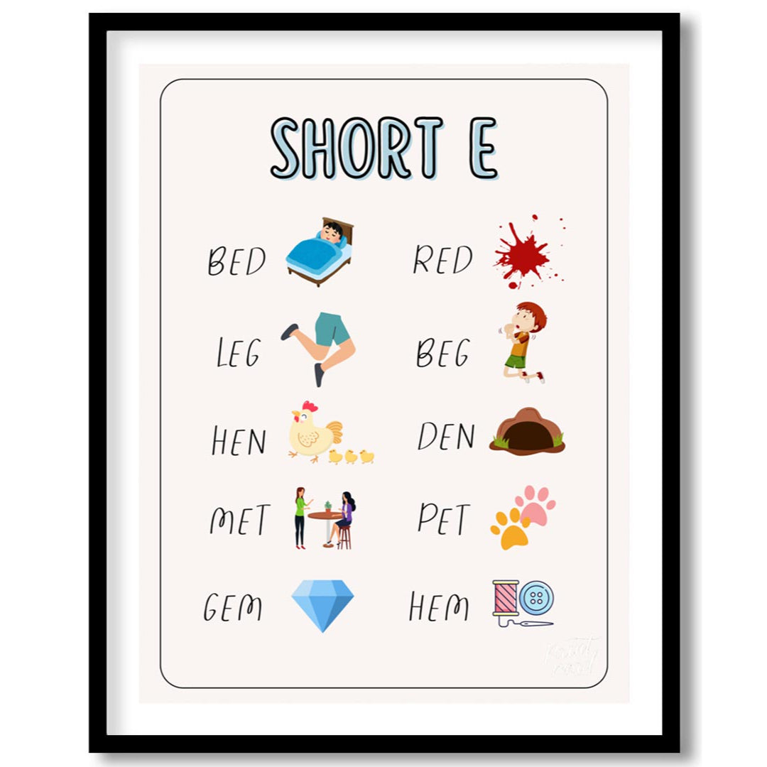This straightforward and effective educational poster, titled "SHORT E," focuses on teaching words … for space