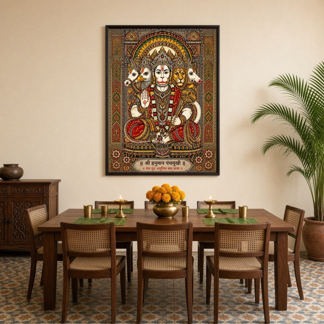 Immerse yourself in the spiritual aura of Shri Panchamukhi Hanuman, depicted with exquisite detail for Dining