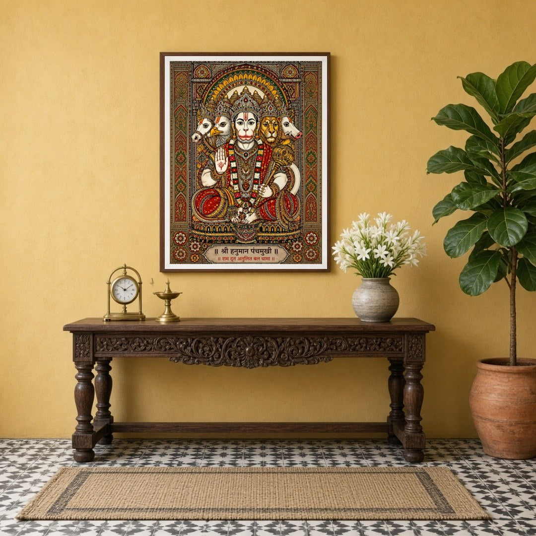 Immerse yourself in the spiritual aura of Shri Panchamukhi Hanuman, depicted with exquisite detail for Entrance