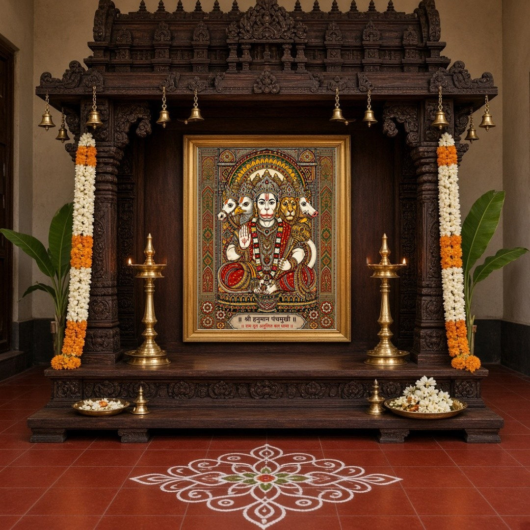 Immerse yourself in the spiritual aura of Shri Panchamukhi Hanuman, depicted with exquisite detail for Home Temple