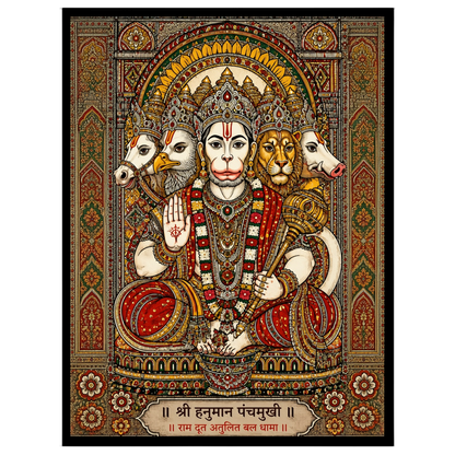 Immerse yourself in the spiritual aura of Shri Panchamukhi Hanuman, depicted with exquisite detail for loft