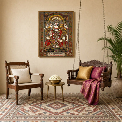 Immerse yourself in the spiritual aura of Shri Panchamukhi Hanuman, depicted with exquisite detail for Sitting Lounge