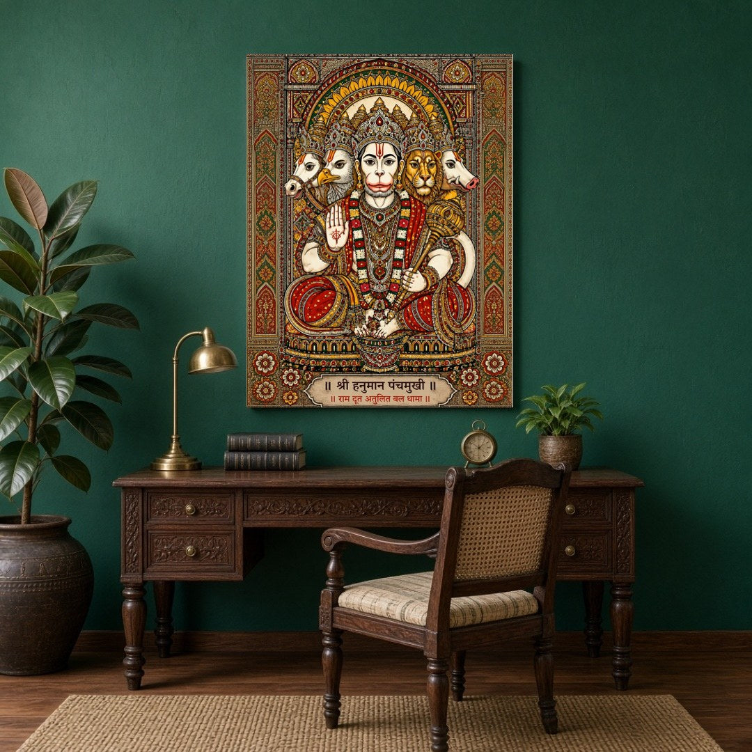 Immerse yourself in the spiritual aura of Shri Panchamukhi Hanuman, depicted with exquisite detail for Study