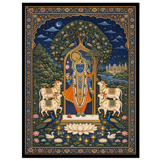 Immerse yourself in the serene beauty of Pichwai art with this depiction of Shrinathji, surrounded for residence