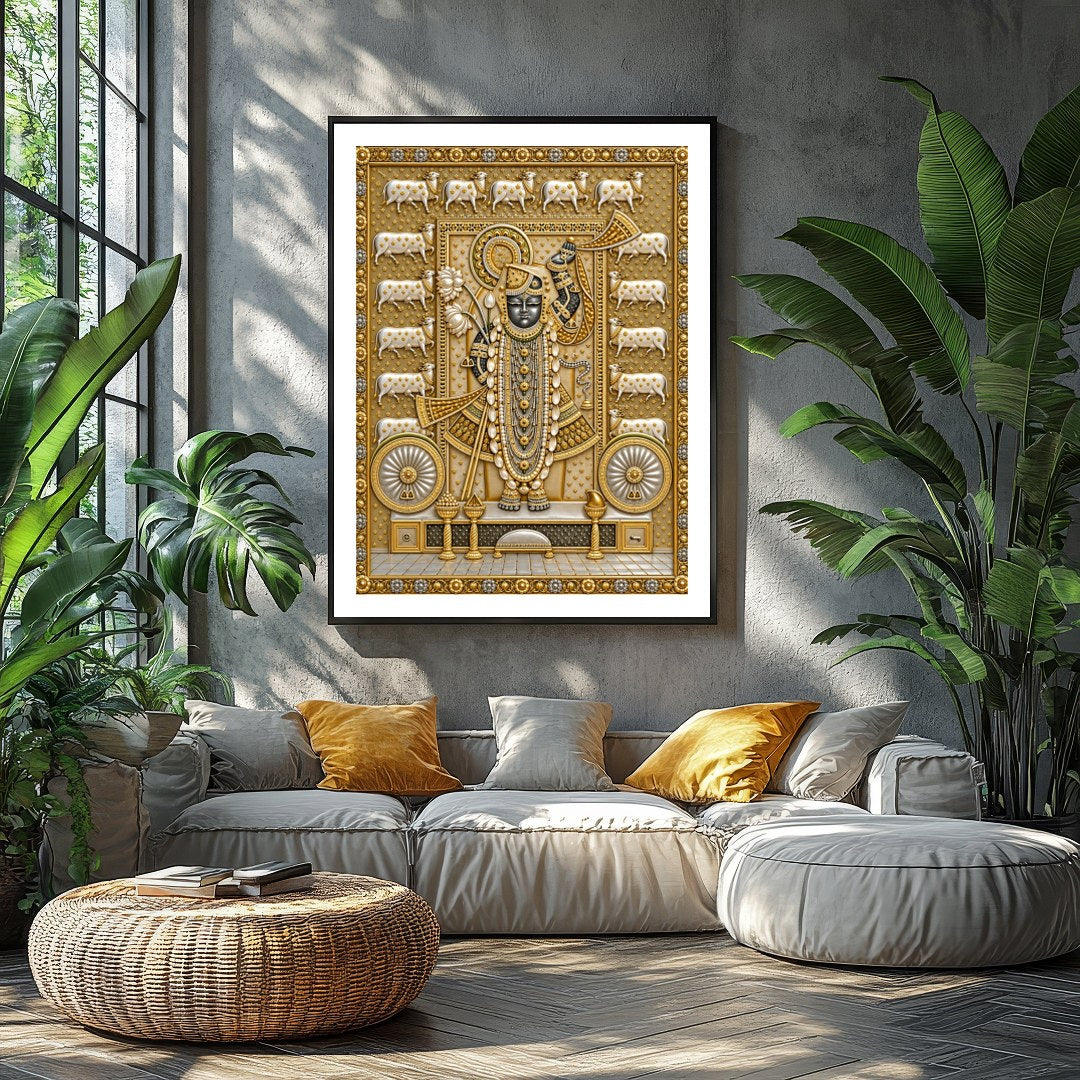 Embrace the divine presence of Shrinathji with this exquisite Pichwai art print, beautifully for Balcony