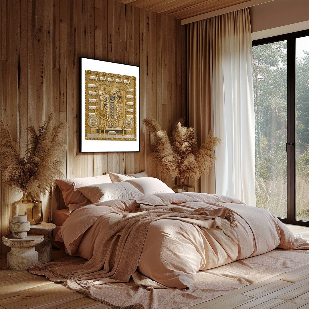 Embrace the divine presence of Shrinathji with this exquisite Pichwai art print, beautifully for Bedroom