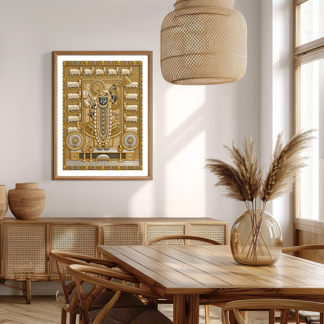 Embrace the divine presence of Shrinathji with this exquisite Pichwai art print, beautifully for Extra Kitchen