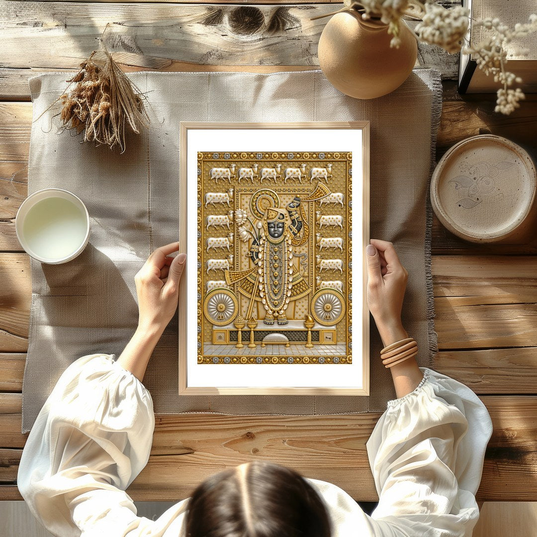Embrace the divine presence of Shrinathji with this exquisite Pichwai art print, beautifully for Kitchen