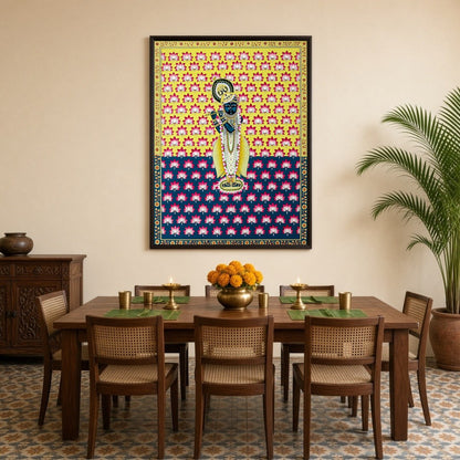 This exquisite Pichwai artwork captures the divine essence of Shrinathji amidst a vibrant backdrop for Dining