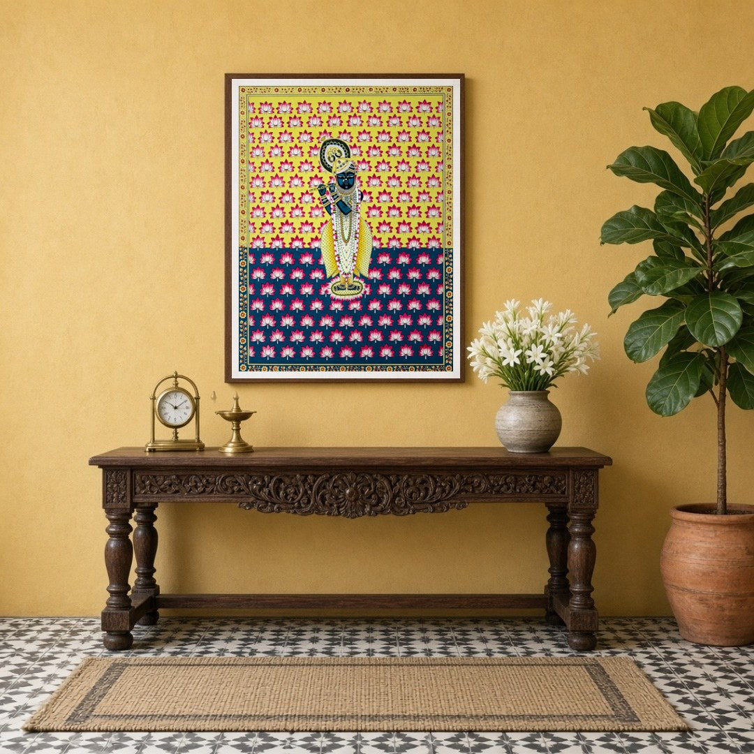 This exquisite Pichwai artwork captures the divine essence of Shrinathji amidst a vibrant backdrop for Entrance
