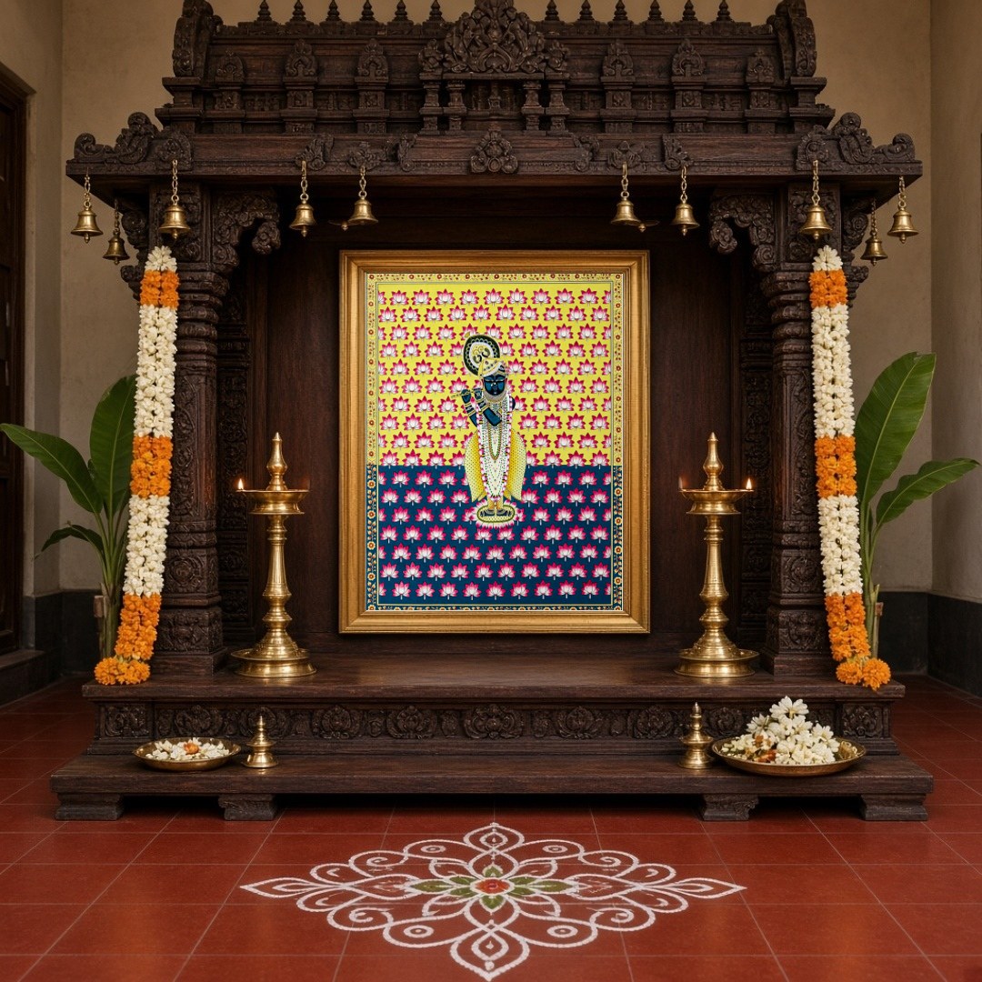 This exquisite Pichwai artwork captures the divine essence of Shrinathji amidst a vibrant backdrop for Home Temple