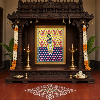 This exquisite Pichwai artwork captures the divine essence of Shrinathji amidst a vibrant backdrop for Home Temple