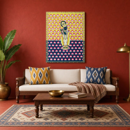 This exquisite Pichwai artwork captures the divine essence of Shrinathji amidst a vibrant backdrop for Living Room