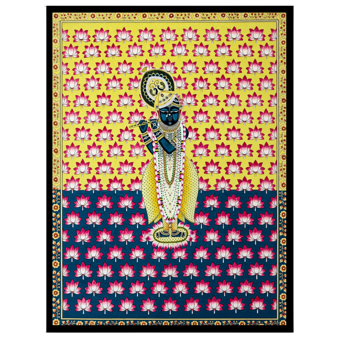 This exquisite Pichwai artwork captures the divine essence of Shrinathji amidst a vibrant backdrop for room