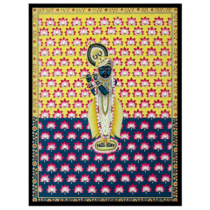 This exquisite Pichwai artwork captures the divine essence of Shrinathji amidst a vibrant backdrop for room