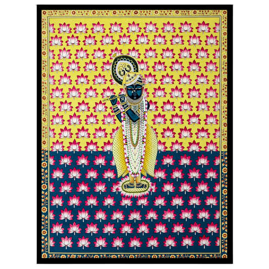 This exquisite Pichwai artwork captures the divine essence of Shrinathji amidst a vibrant backdrop for room