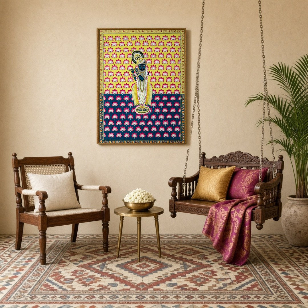 This exquisite Pichwai artwork captures the divine essence of Shrinathji amidst a vibrant backdrop for Sitting Lounge