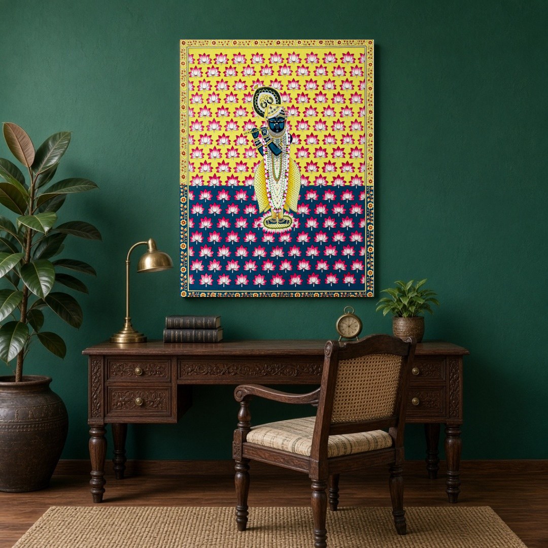 This exquisite Pichwai artwork captures the divine essence of Shrinathji amidst a vibrant backdrop for Study