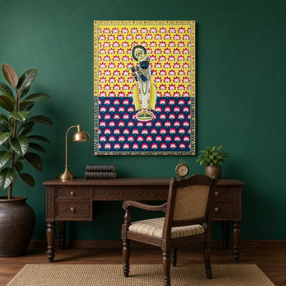 This exquisite Pichwai artwork captures the divine essence of Shrinathji amidst a vibrant backdrop for Study