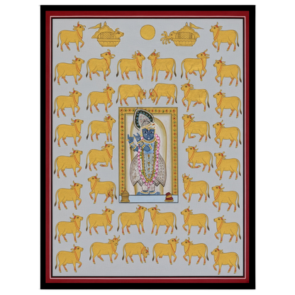 Immerse yourself in the devotional charm and intricate beauty of this Pichwai artwork depicting for area