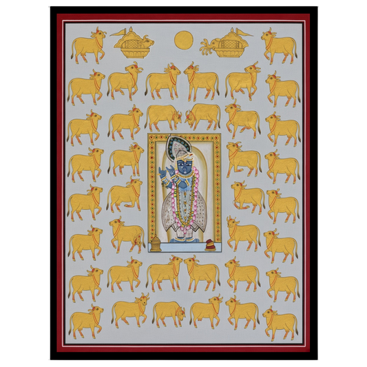 Immerse yourself in the devotional charm and intricate beauty of this Pichwai artwork depicting for area